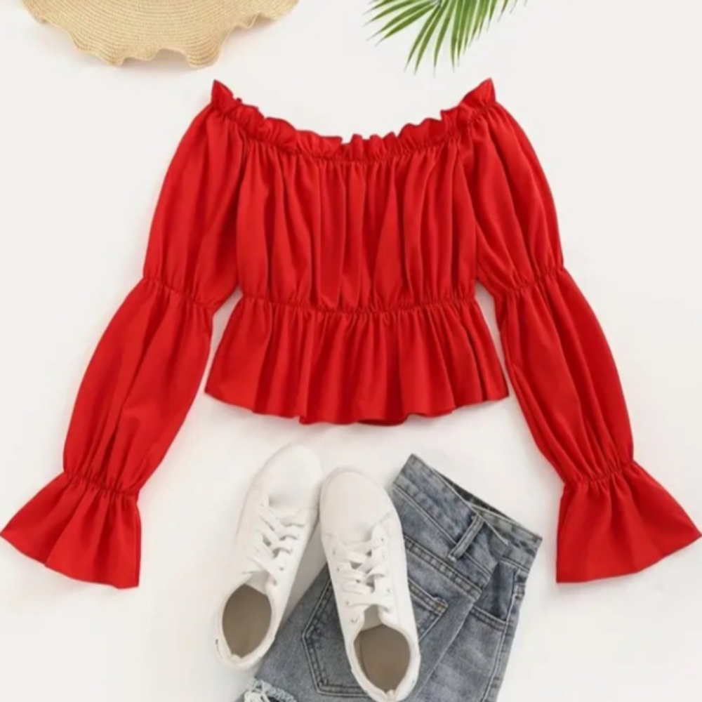Women Red Ruffled off Shoulder ElasticTop
